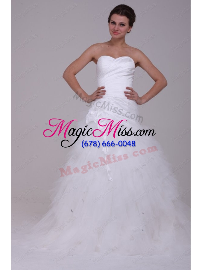 wholesale a-line strapless ruching tulle wedding dress with brush train