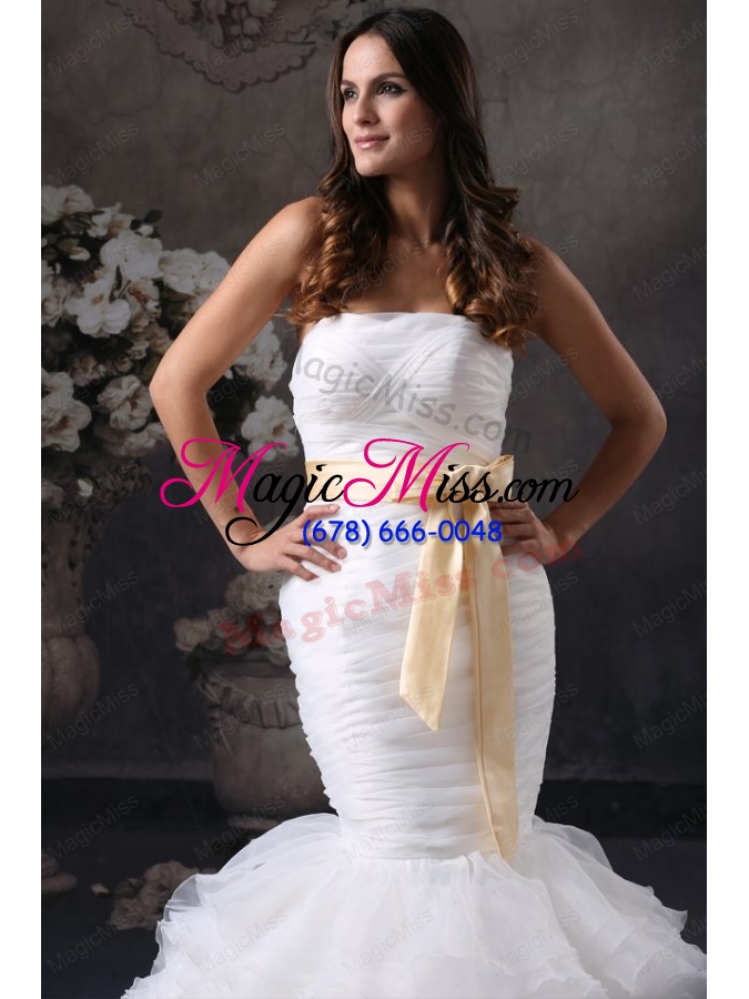 wholesale luxurious mermaid strapless ruching and sash court train organza wedding dress