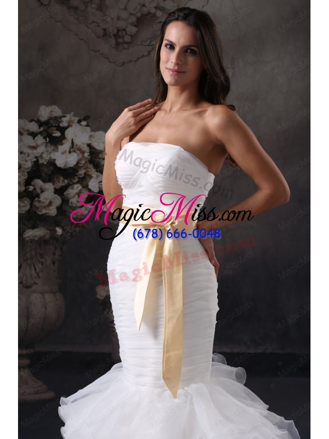 wholesale luxurious mermaid strapless ruching and sash court train organza wedding dress