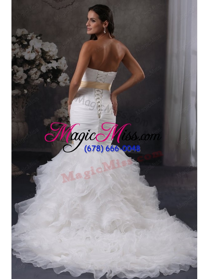 wholesale luxurious mermaid strapless ruching and sash court train organza wedding dress