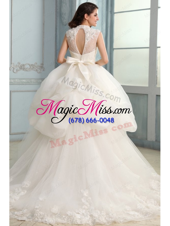 wholesale ball gown high neck beading and flowers wedding dress with organza