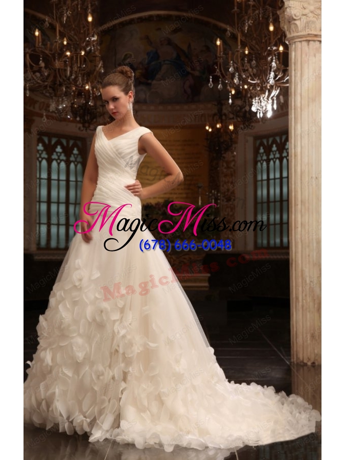 wholesale a-line v-neck court train ruching zipper up tulle wedding dress