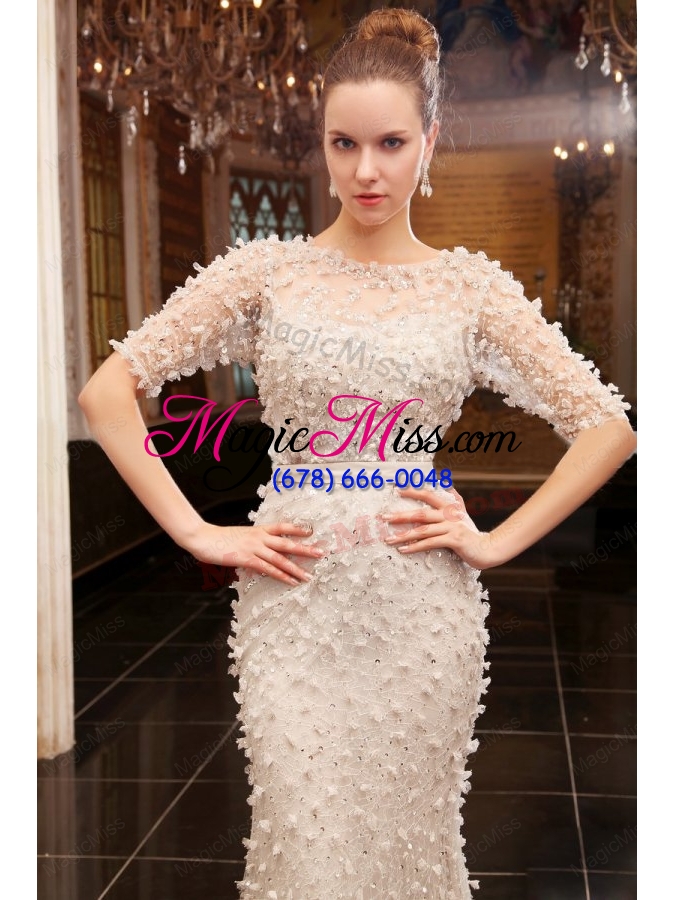 wholesale column high neck zipper up tulle wedding dress with half sleeves