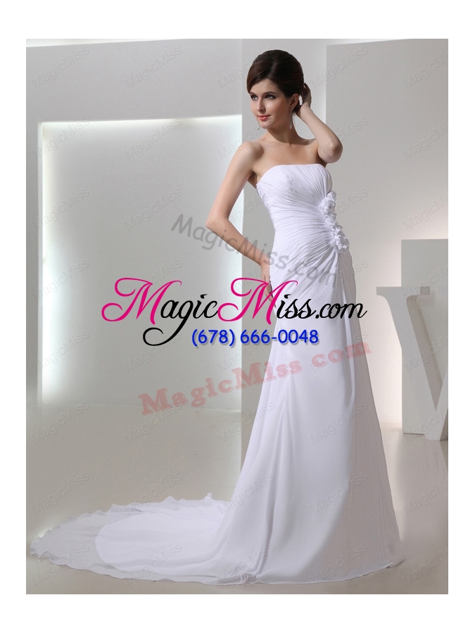 wholesale elegant column strapless court train chiffon ruching white wedding dress