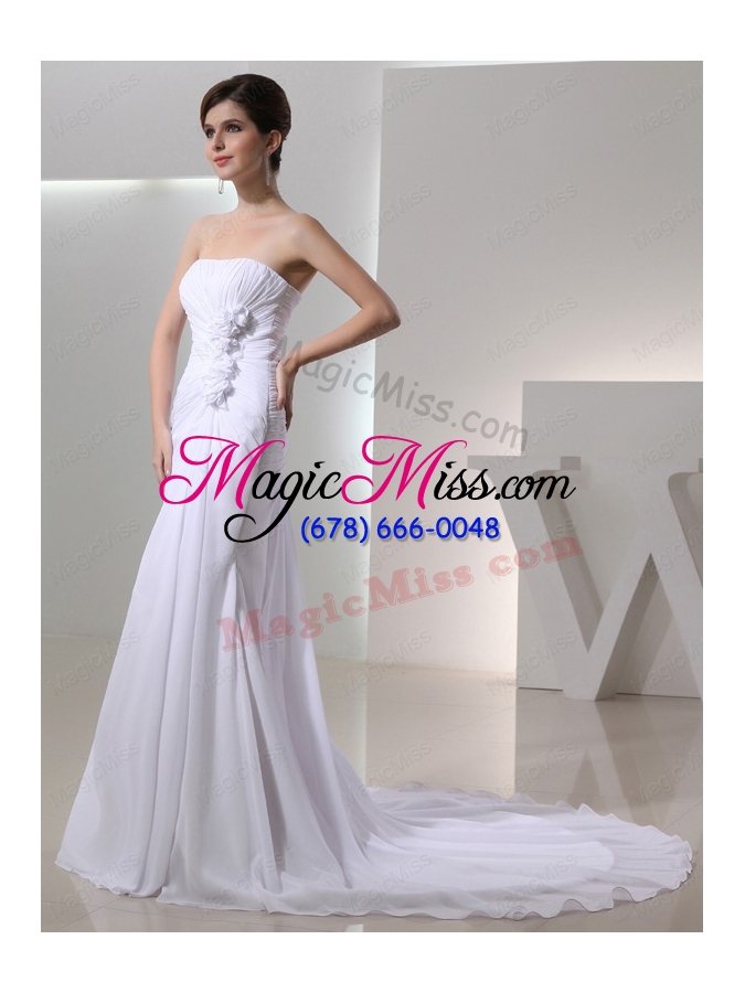 wholesale elegant column strapless court train chiffon ruching white wedding dress