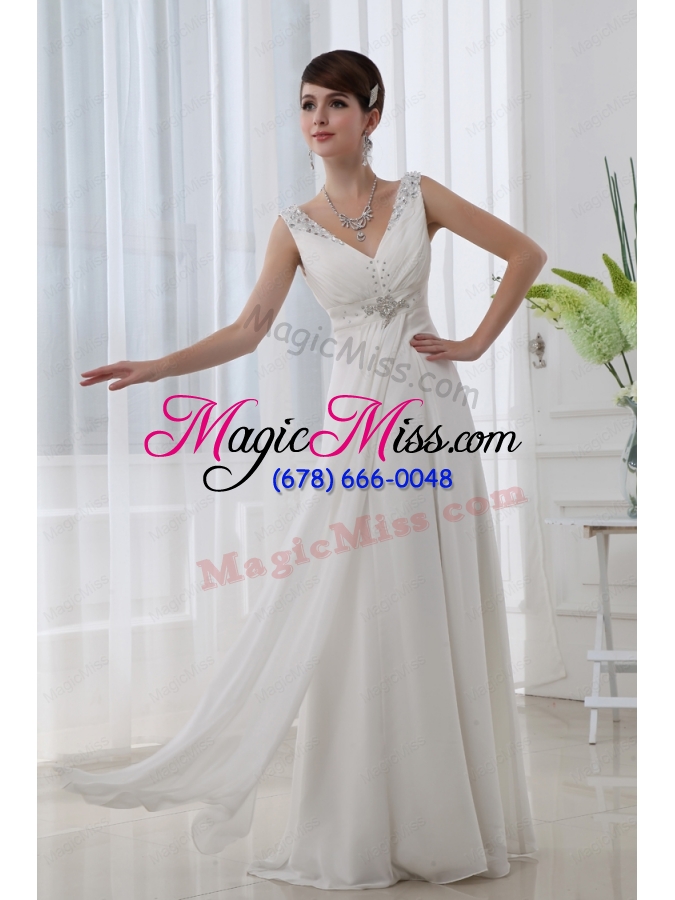 wholesale discount empire v neck floor length chiffon white wedding dress with beading