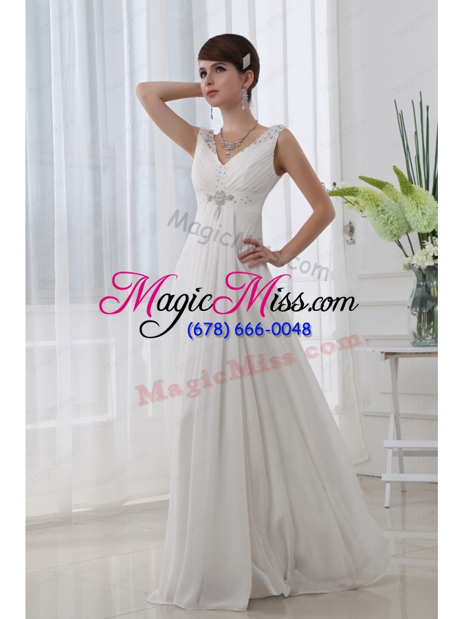 wholesale discount empire v neck floor length chiffon white wedding dress with beading