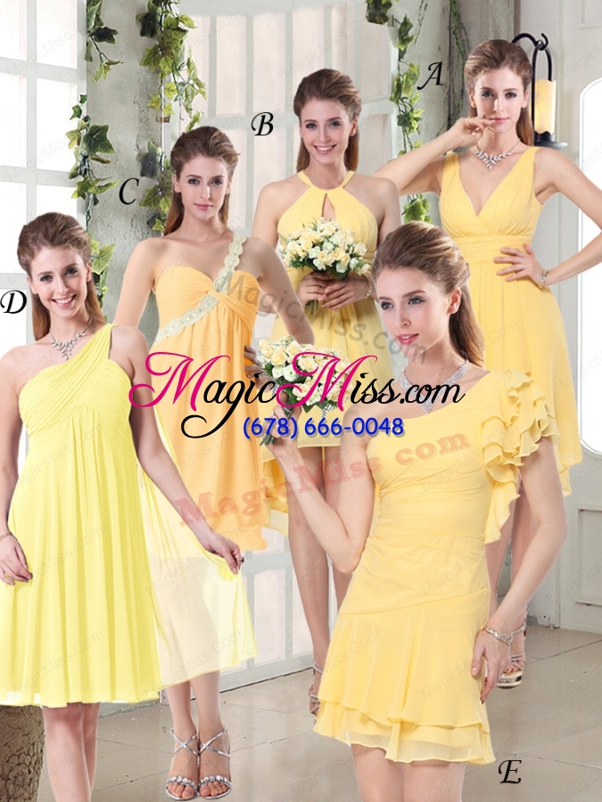 wholesale charming v-neck yellow bridesmaid dress mini length for spring