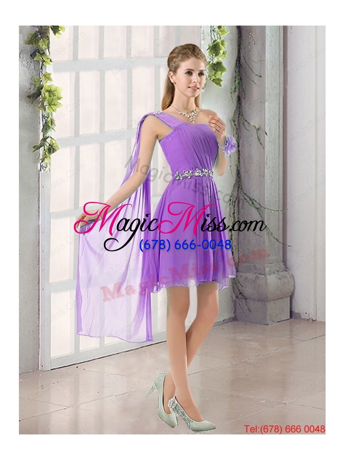 wholesale one shoulder a line beading and ruching dama dress with lace up