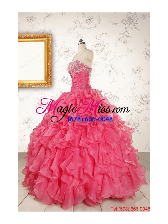 wholesale 2015 pretty beading and ruffles hot pink quinceanera dresses with strapless