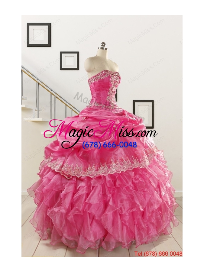 wholesale 2015 elegant appliques and ruffles quinceanera gowns in hot pink