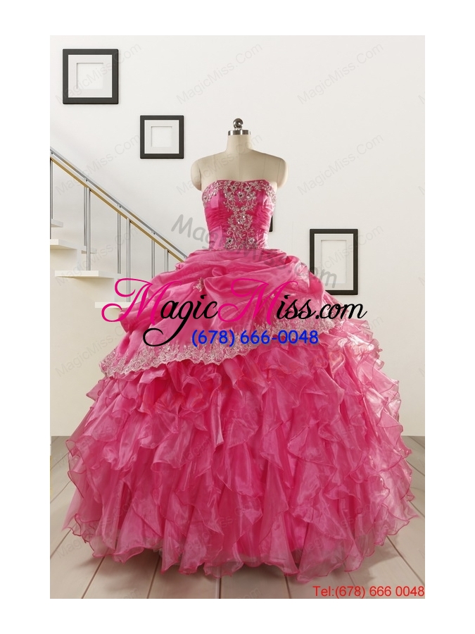 wholesale 2015 elegant appliques and ruffles quinceanera gowns in hot pink