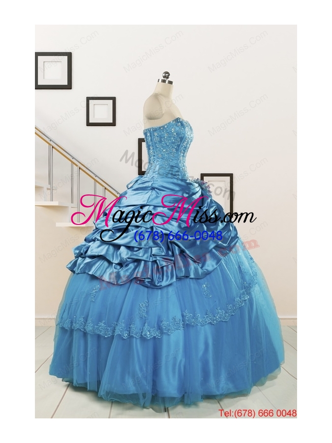 wholesale 2015 spring fashionable appliques teal quinceanera dresses