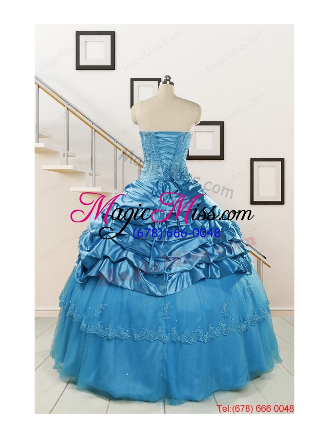 wholesale 2015 spring fashionable appliques teal quinceanera dresses