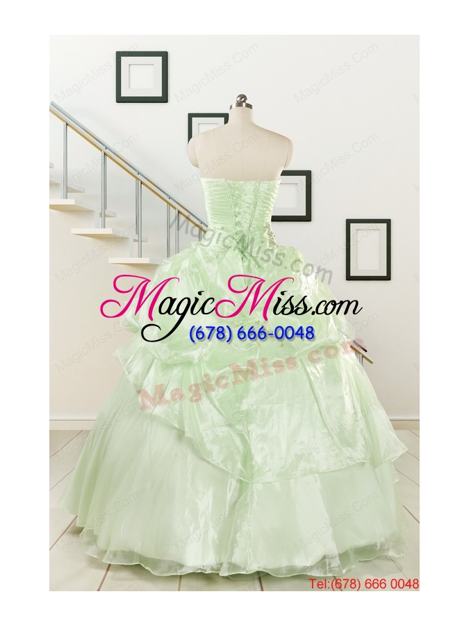 wholesale 2015 cheap beading strapless yellow green quinceanera gowns