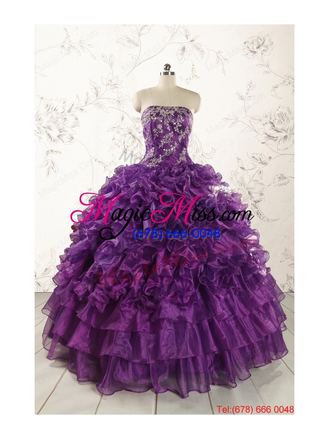 wholesale beautiful appliques purple strapless 2015 quinceanera dresses