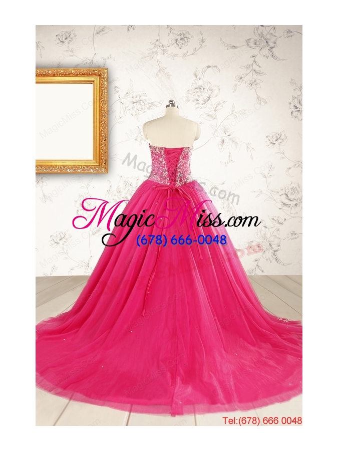 wholesale 2015 beautiful hot pink quinceanera dresses with beading and appliques