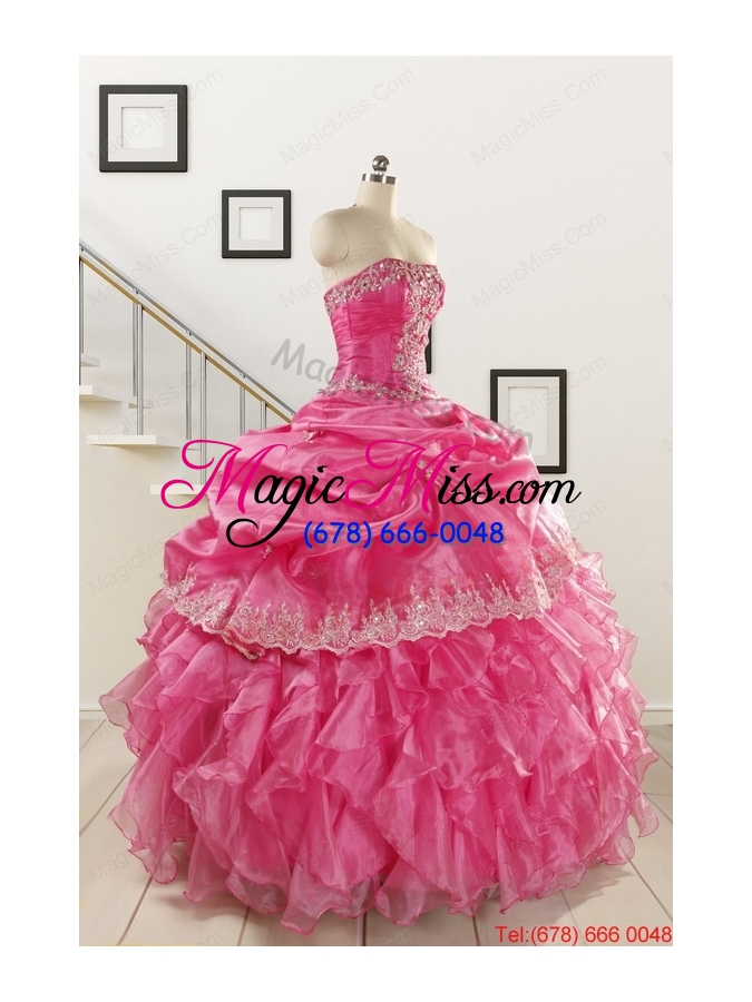 wholesale 2015 pretty appliques and ruffles quinceanera gowns in hot pink
