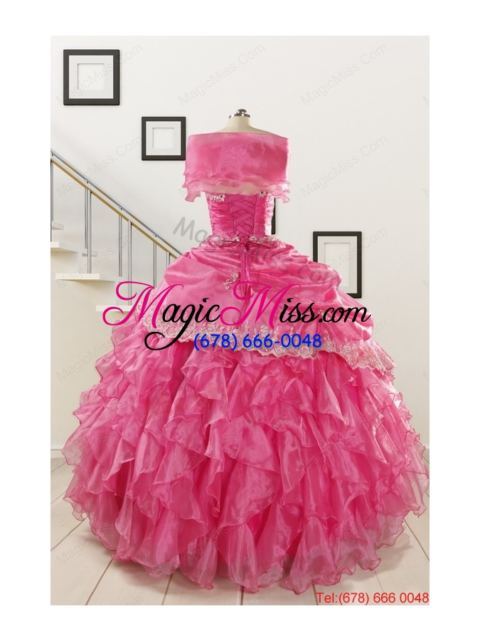 wholesale 2015 pretty appliques and ruffles quinceanera gowns in hot pink