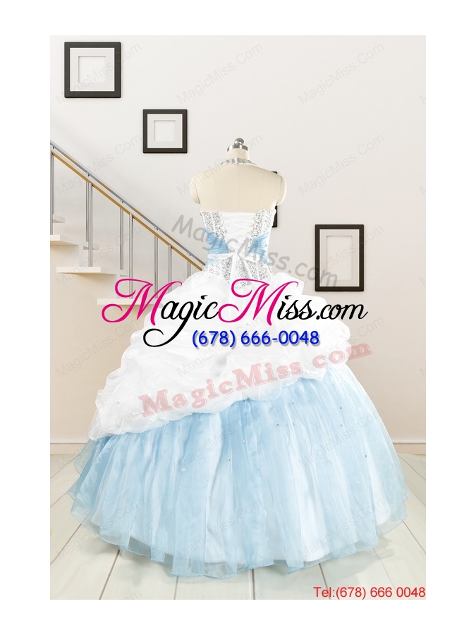 wholesale 2015 pretty halter white and blue quinceanera dress with beading