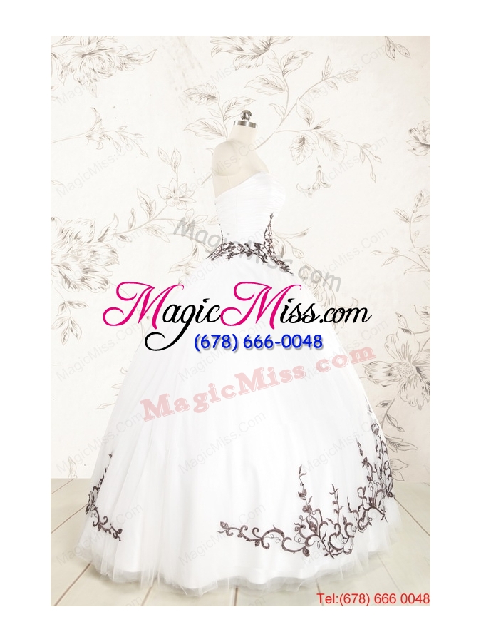 wholesale 2015 appliques strapless ball gown white tulle quinceanera dress