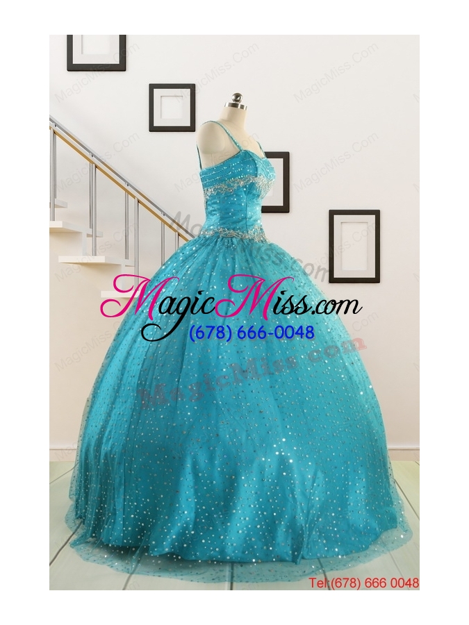 wholesale perfect spaghetti straps appliques sequins turquoise quinceanera dresses for 2015