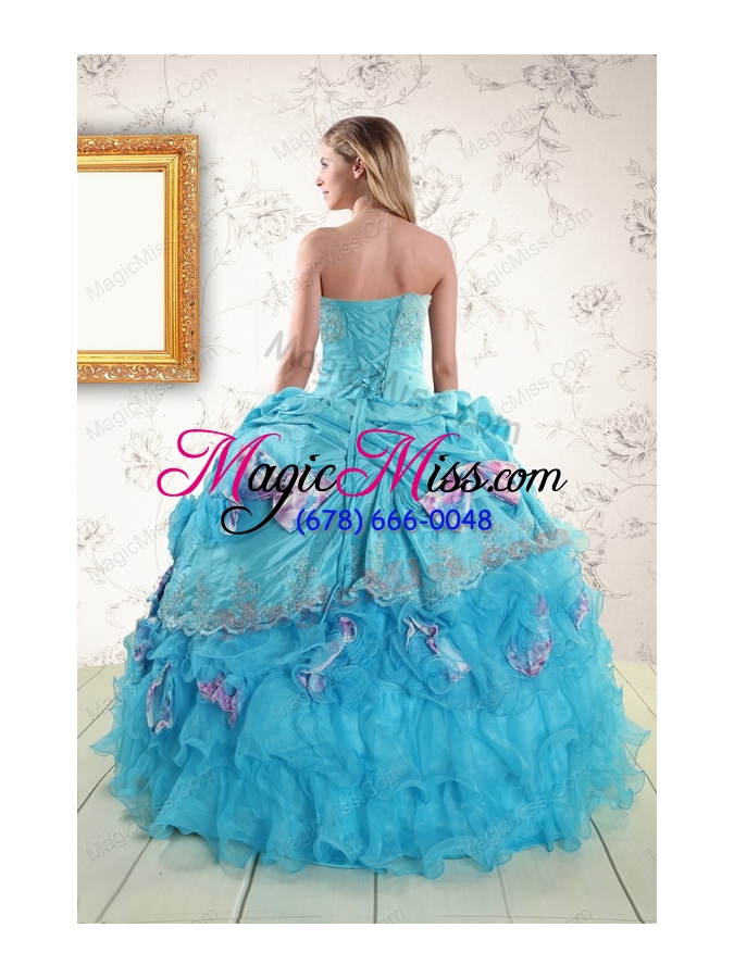 wholesale 2015 new style aqua blue appliques quinceanera dresses with appliques