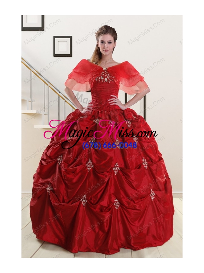 wholesale discount strapless wine red appliques quinceanera dresses for 2015