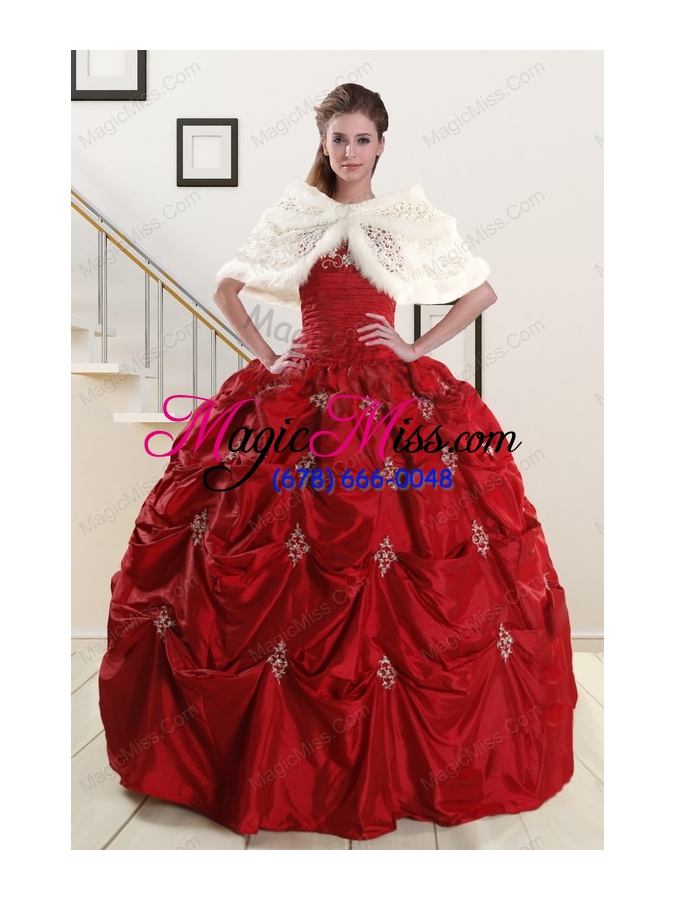 wholesale discount strapless wine red appliques quinceanera dresses for 2015