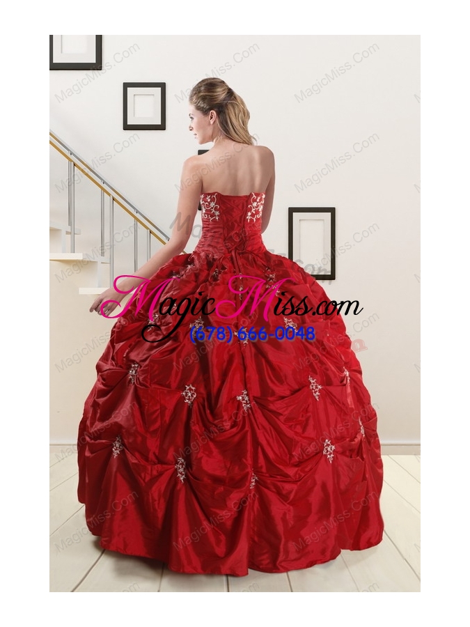 wholesale discount strapless wine red appliques quinceanera dresses for 2015