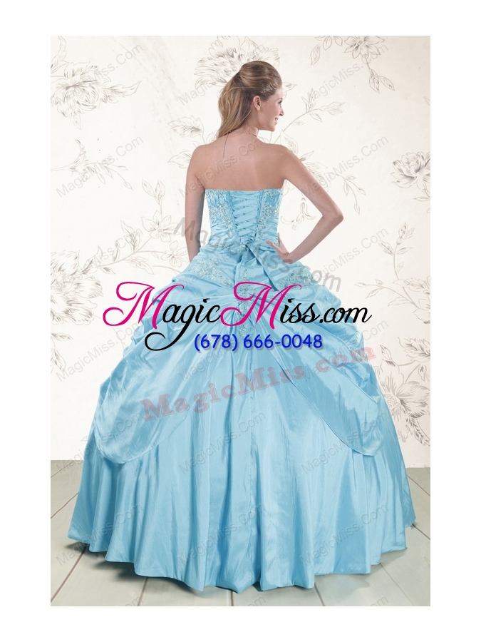 wholesale 2015 discount aqua blue strapless sweet 15 dress with appliques