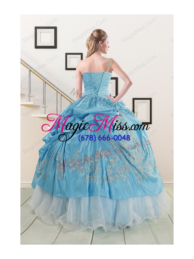 wholesale 2015 pretty one shoulder appliques and beaded quinceanera dresses in aqua blue