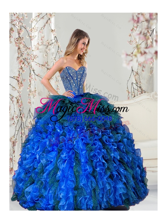 wholesale 2015 detachable beading and ruffles unique quinceanera dresses in royal blue and teal