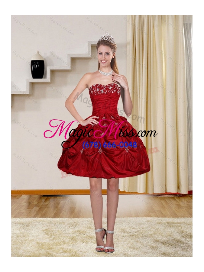 wholesale 2015 pretty strapless red prom dresses with embroidery and pick ups