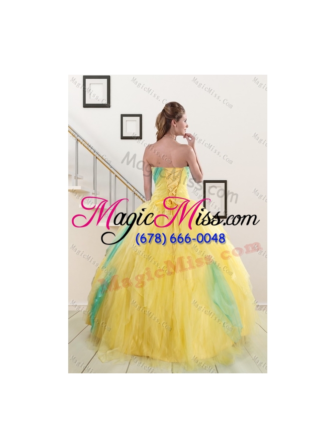 wholesale popular 2015 strapless yellow and green sweet 15 dresses with ruching