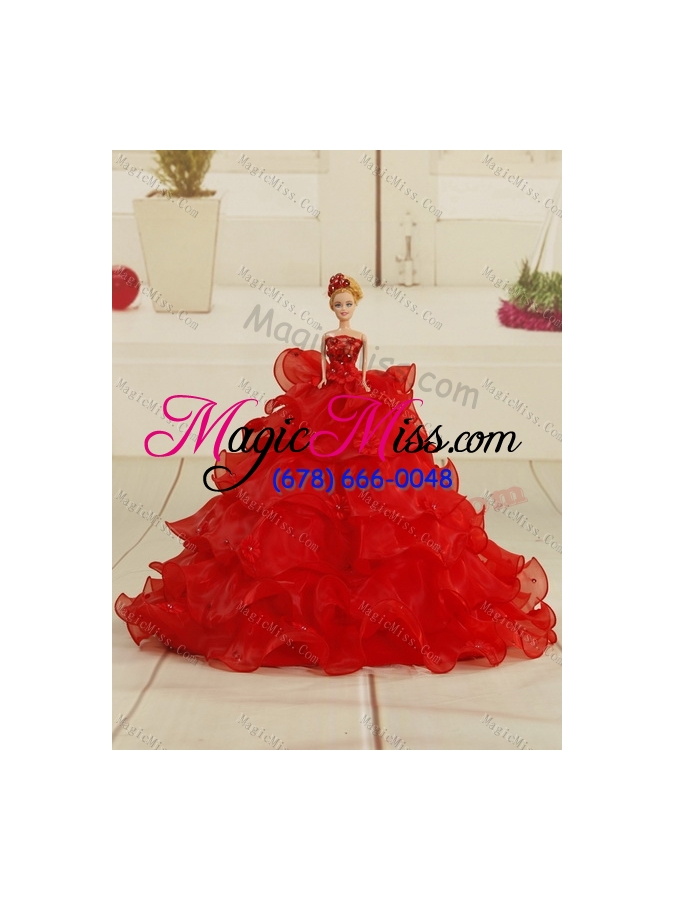 wholesale 2015 watermelon strapless quince dresses with appliques and ruffles