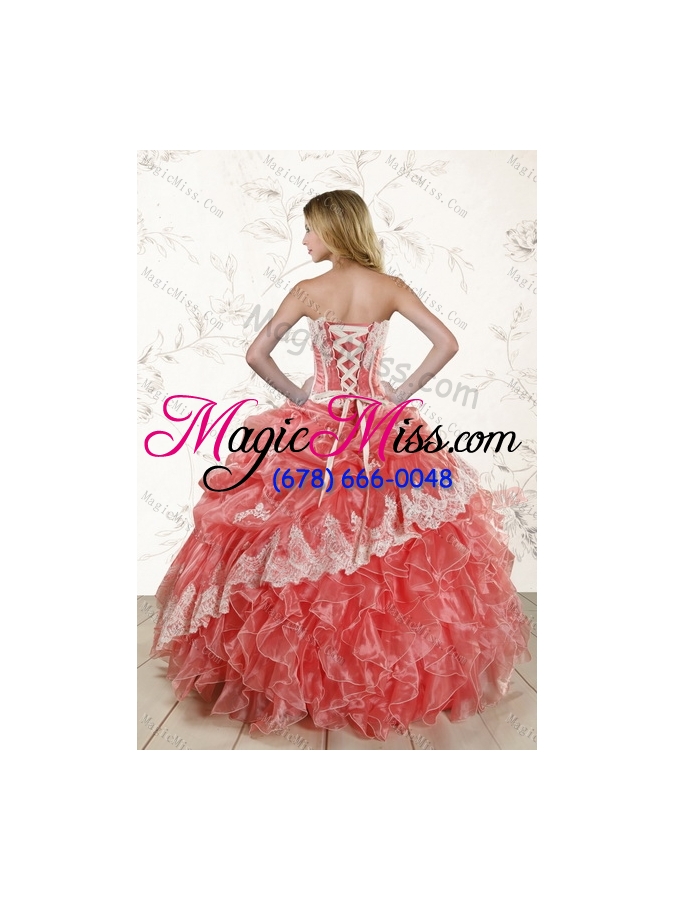 wholesale 2015 watermelon strapless quince dresses with appliques and ruffles