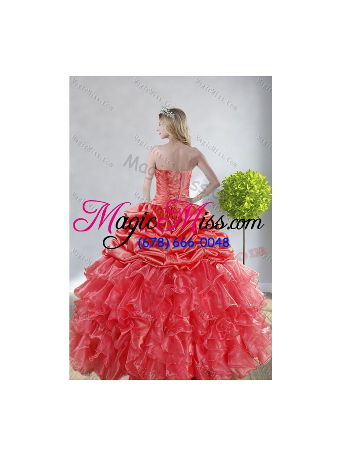 wholesale 2015 top seller watermelon red quince dresses with appliques and ruffles