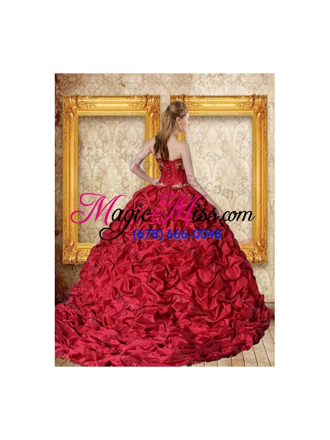 wholesale brand new 2015 wine red brush train quinceanera dress with sweetheart