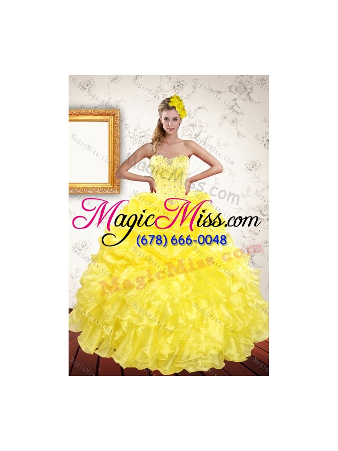 wholesale 2015 sweetheart yellow sweet 15 dresses with beading and ruffles