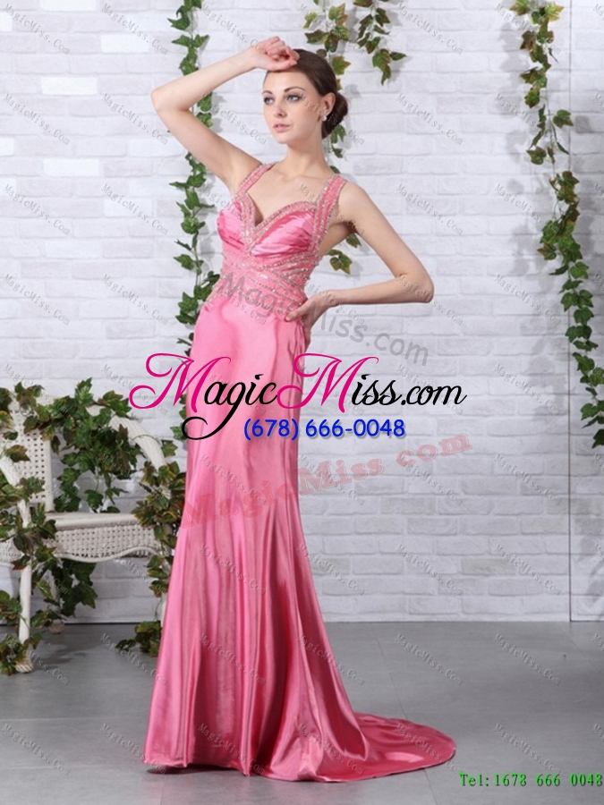 wholesale plus size rose pink beading long prom dresses with brush train
