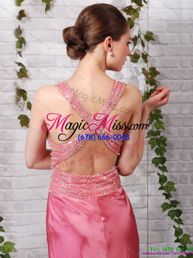 wholesale plus size rose pink beading long prom dresses with brush train