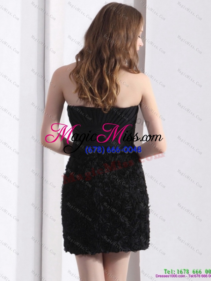 wholesale black sweetheart mini length 2015 prom dresses with ruching and rolling flowers