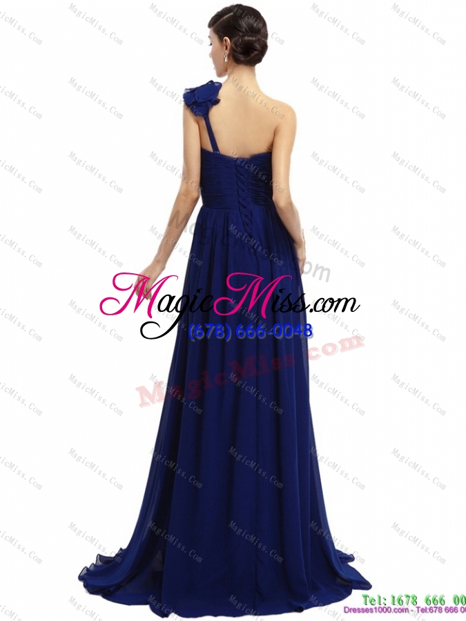 wholesale 2015 one shoulder ruching navy blue dama dresses with hand made flower