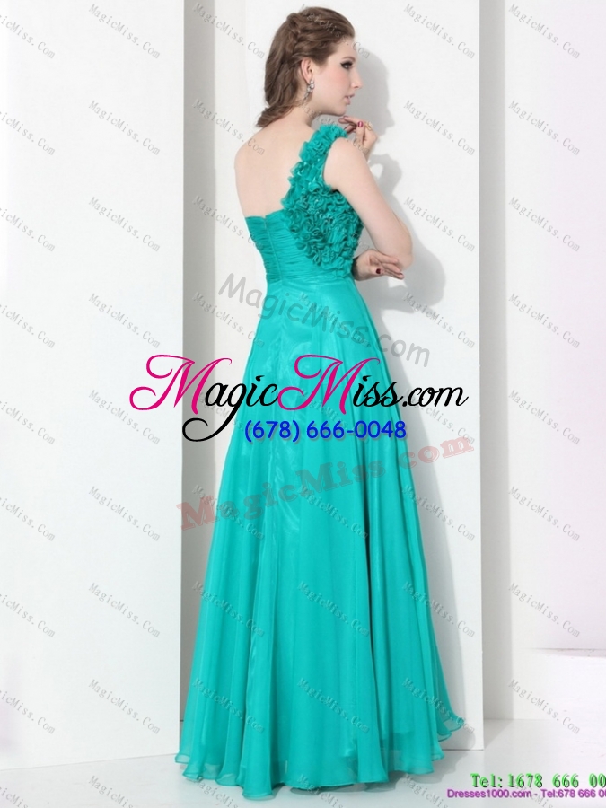 wholesale turquoise one shoulder prom dresses with ruching and hand made flowers