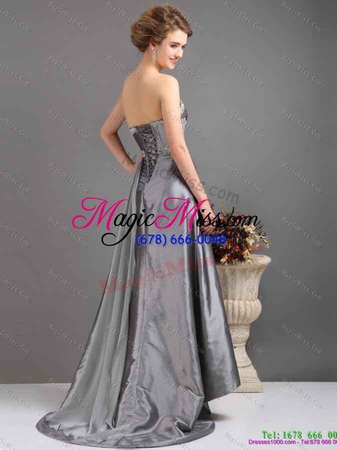 wholesale brush train sliver prom dresses with appliques and high slip