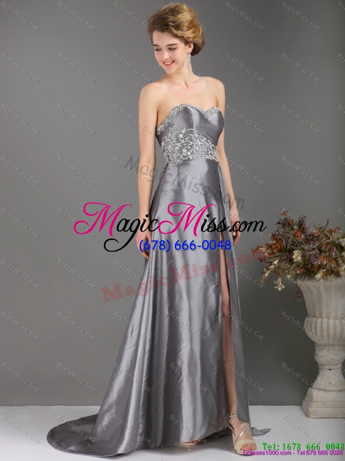 wholesale brush train sliver prom dresses with appliques and high slip