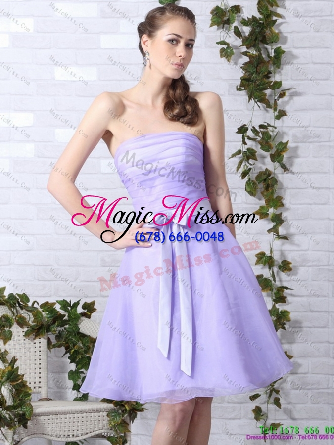 wholesale cute lilac strapless ruching mini length prom dresses with bowknot