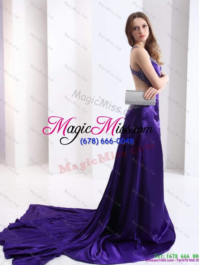 Luxurious 2015 Halter Top Purple Criss Cross Prom Dresses With Court Train Us9456