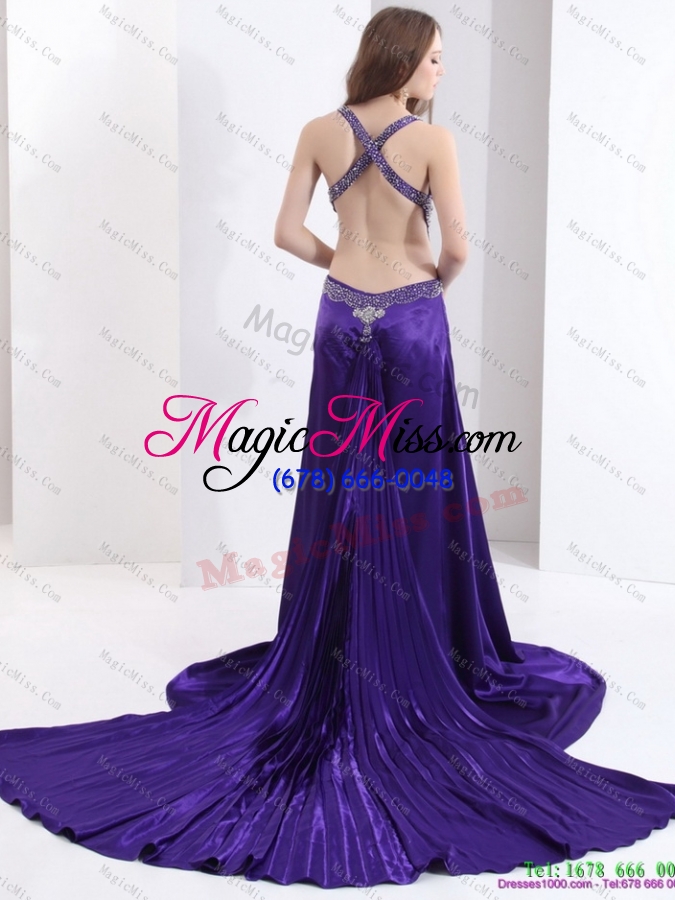 wholesale luxurious 2015 halter top purple criss cross prom dresses with court train